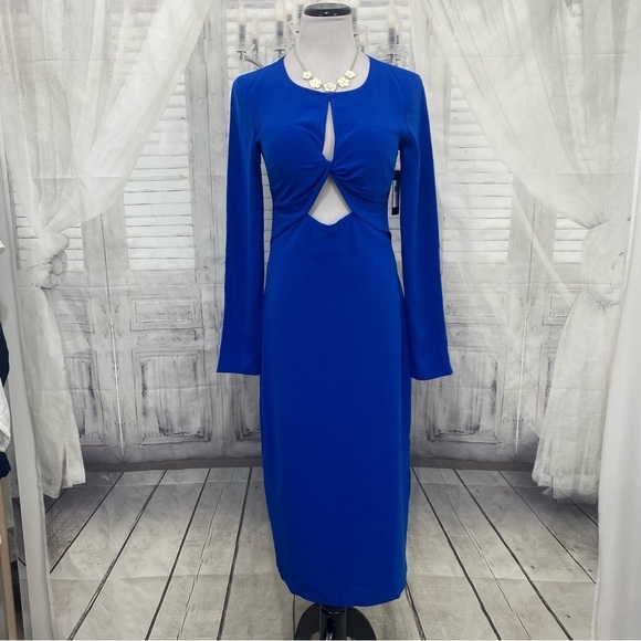 NWT Guess Size 6 Solid Royal Blue Dress Cutout Front Sexy Midi Long Sleeve - Picture 2 of 12
